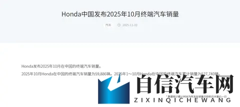 本田中国10月终端销量同比降206% 连续5年下滑-1