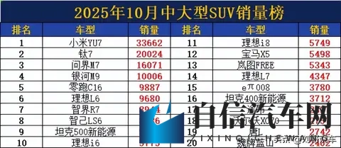 中大型SUV洗牌! 10月销量: 理想L6无缘前5, 宝马X5跌出前10, 豹8第34-1
