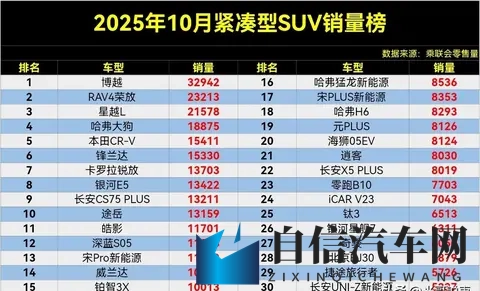 8油车大胜，10月紧凑型SUV销量榜，博越夺冠，宋PLUS仅第17名-1